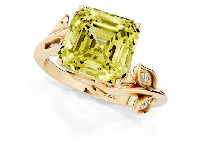 Fancy Yellow Asscher Cut Diamond Solitaire Twist Engagement Ring Set in Yellow gold with Pavé Leaf Accents – second view
