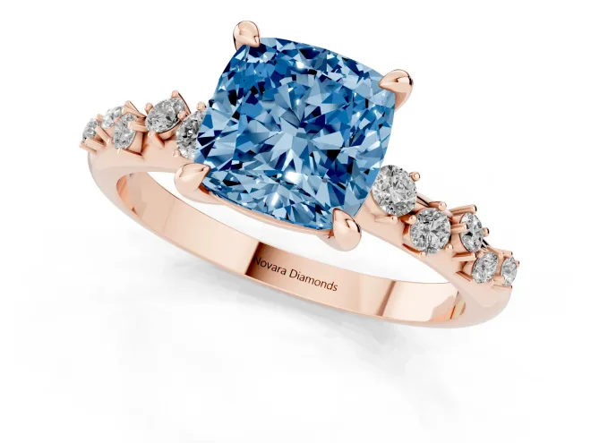 Fancy Blue Cushion Cut Diamond Solitaire Vine Band Ring Set in Rose gold with Round Accents and Prong Setting – second view