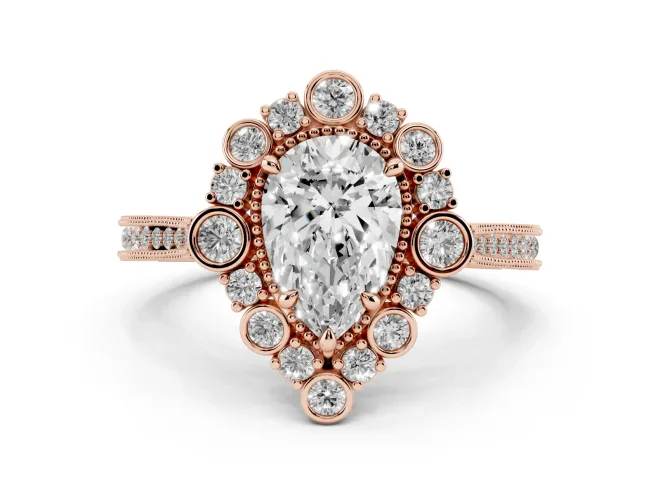 Pear-Shaped Vintage Scalloped Halo Engagement Ring Setting | Milgrain Pavé Band | Rose Gold