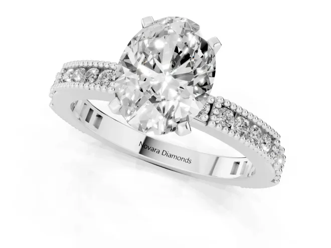 Oval Cut Diamond Solitaire Ring Set in Silver with Slim Pavé Band and Prong Setting – second view