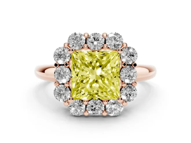 Princess Cut Graduated Milgrain Halo Engagement Ring Setting for a Fancy Yellow Lab-Grown Diamond | Rose Gold