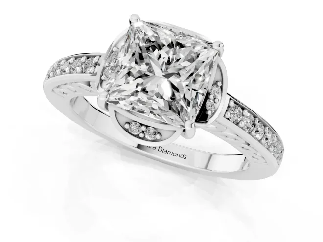 Princess Cut Diamond Halo Ring Set in Platinum with Channel Set Band and Prong Setting – second view