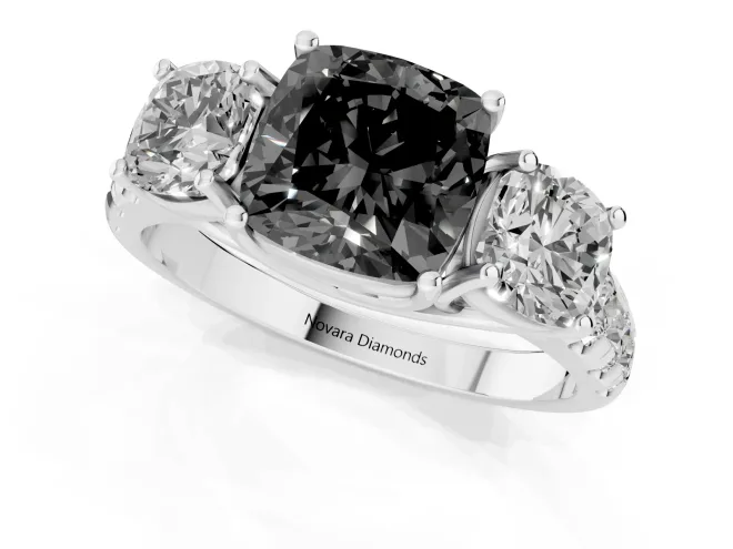 Fancy Black Cushion Cut Diamond Three-Stone Ring Set in Silver with Pavé Band – second view