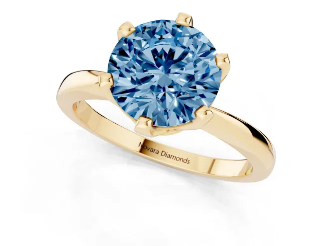 Fancy Blue Round Cut Diamond Solitaire Engagement Ring Set in Yellow gold with Slim Tapered Solitaire Band – second view