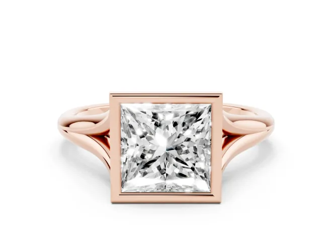 Princess Cut Bezel Solitaire Engagement Ring Setting | V Split Shank | Rose Gold