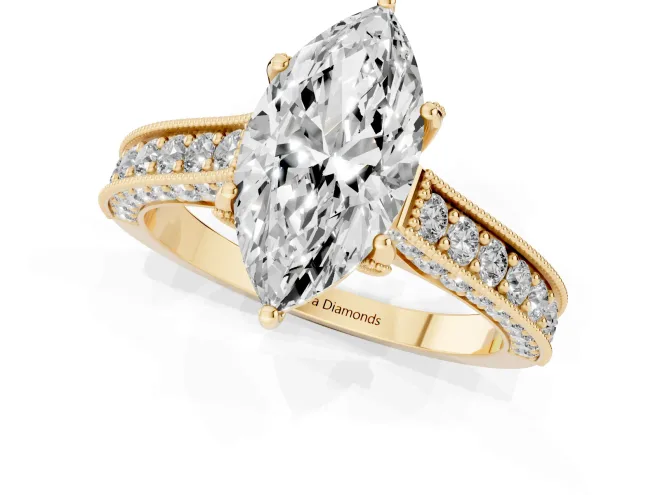 Marquise Cut Diamond Solitaire Ring Set in Yellow gold with Milgrain-Edged Pavé Band and Prong Setting – second view