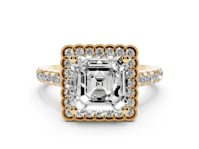 Asscher Cut Vintage Milgrain Floral Halo Engagement Ring Setting | Pavé Band | Yellow Gold