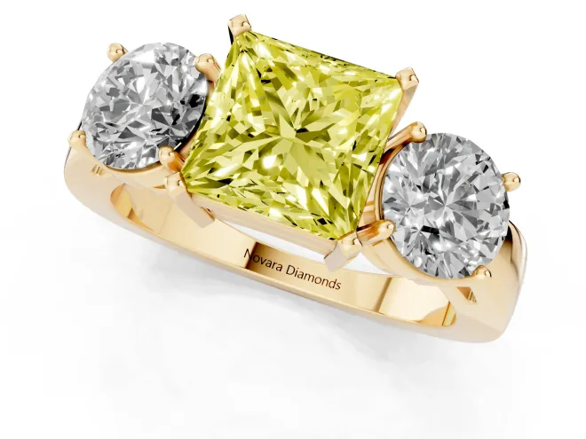 Fancy Yellow Princess Cut Diamond Three-Stone Ring Set in Yellow gold with Round Side Stones and Classic Band – second view