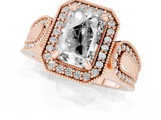 Emerald Cut Diamond Halo Ring Set in Rose gold with Milgrain Accent Split Shank – second view