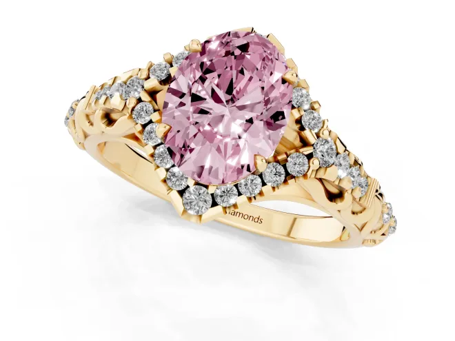 Fancy Pink Oval Cut Diamond Solitaire Ring Set in Yellow gold with Hidden Halo and Pavé Band – second view