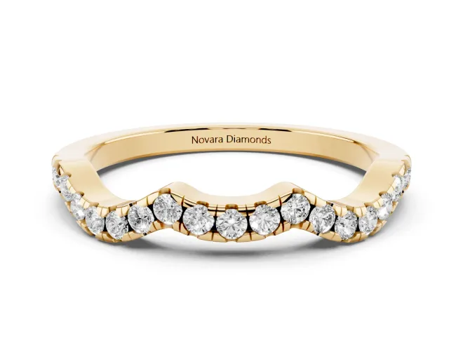 Round Lab-Grown Diamond Double Dip Curved Pavé Wedding Band | Scalloped Top | Yellow Gold