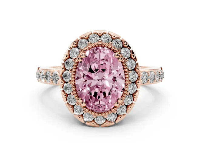 Fancy Pink Oval Cut Diamond Halo Ring Set in Rose gold with Pavé Shank and Prong Setting