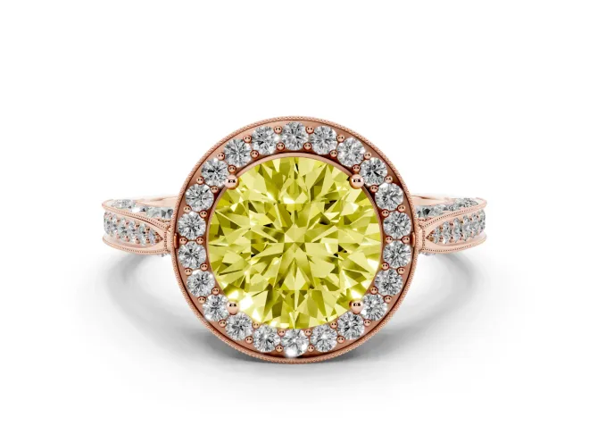 Round Milgrain Halo Engagement Ring Setting for a Fancy Yellow Lab-Grown Diamond | Side Stones | Rose Gold