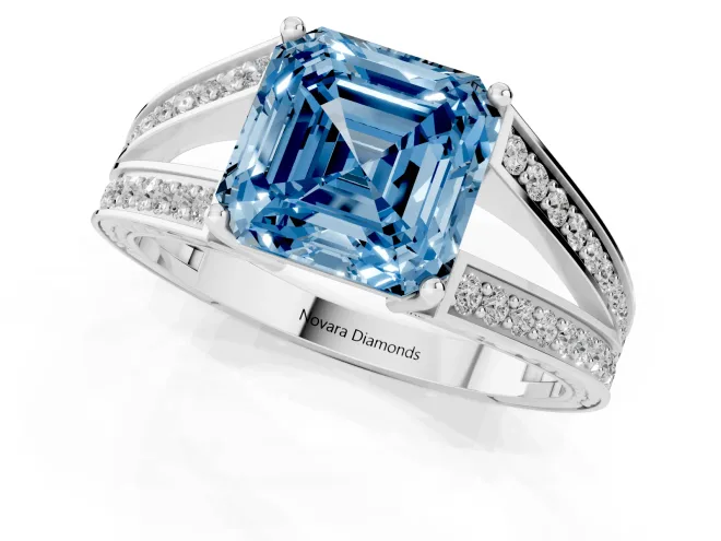 Fancy Blue Asscher Cut Diamond Split Shank Ring Set in Silver with Pavé Band and Prong Setting – second view
