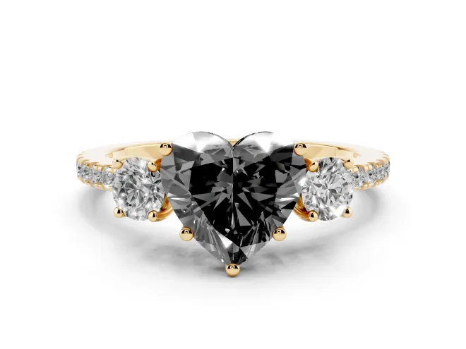 Fancy Black Heart Cut Diamond Three-Stone Ring Set in Yellow gold with Pavé Band and Graduated Sides