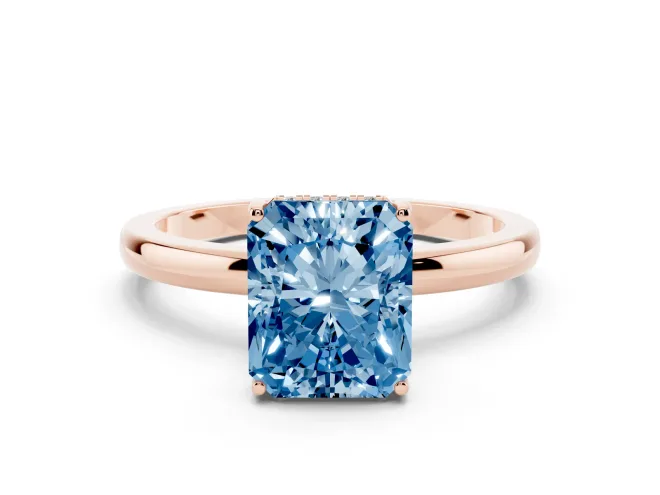 Fancy Blue Radiant Cut Diamond Solitaire Ring Set in Rose gold with Plain Band and Prong Setting