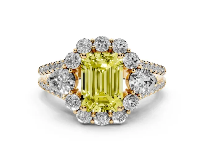 Emerald Cut Scalloped Halo Engagement Ring Setting for a Fancy Yellow Lab-Grown Diamond | Pear Side Stones | Yellow Gold