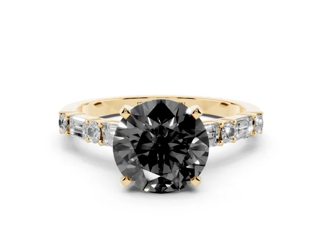 Round Baguette Side Stone Engagement Ring Setting for a Black Center | Yellow Gold
