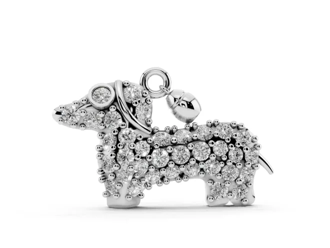 Round Lab-Grown Diamond Dachshund Pendant Necklace | Bell Charm | White Gold