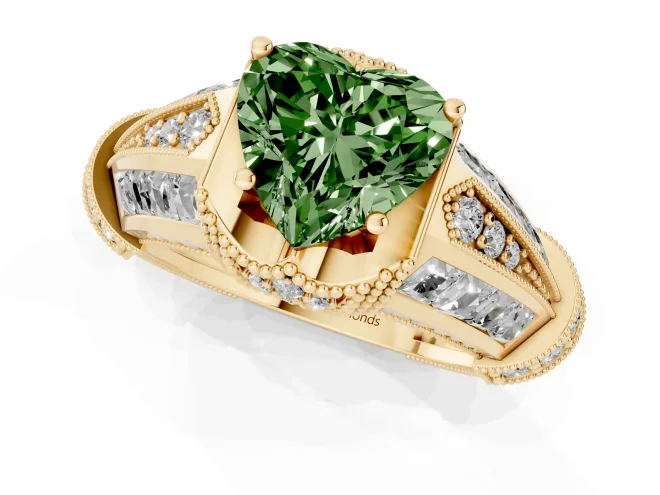 Fancy Green Heart Cut Diamond Vintage-Inspired Milgrain Ring Set in Yellow gold with Accent Split Shank – second view