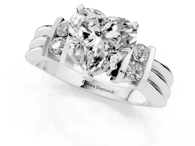 Three-Stone Heart Cut Diamond Channel Set Ring Set in White gold with Bar Prongs – second view