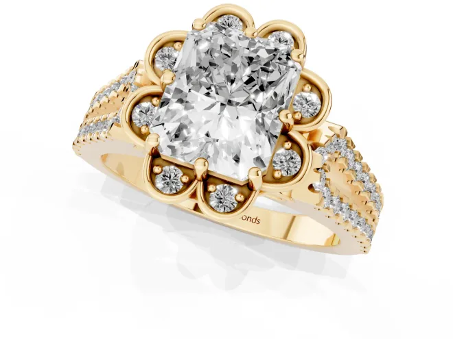 Radiant Cut Diamond Floral Halo Split Shank Engagement Ring Set in Yellow gold with Pavé Shank – second view