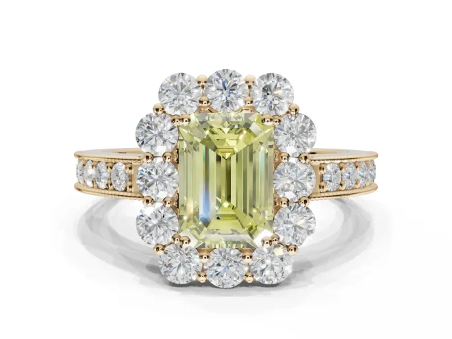 Emerald Cut Vintage Halo Engagement Ring Setting for a Fancy Yellow Lab-Grown Diamond | Yellow Gold