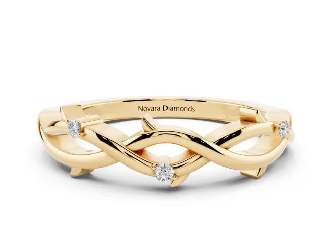Round Lab-Grown Diamond Prong Set Twisted Wedding Band | Thorned Vine Strands | Yellow Gold