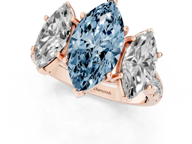 Fancy Blue Marquise Cut Diamond Three-Stone Ring Set in Rose gold with Pavé Band – second view