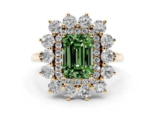 Fancy Green Emerald Cut Diamond Floral Double Halo Ring Set in Yellow gold with Round Petals