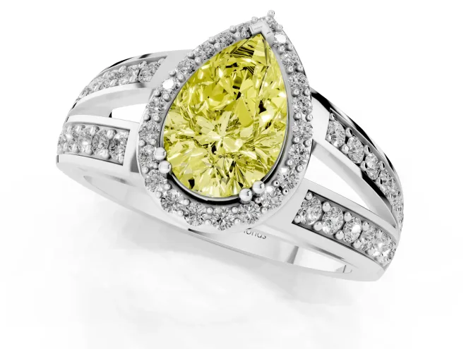 Fancy Yellow Pear Cut Diamond Halo Ring Set in White gold with Double Pavé Split Shank – second view