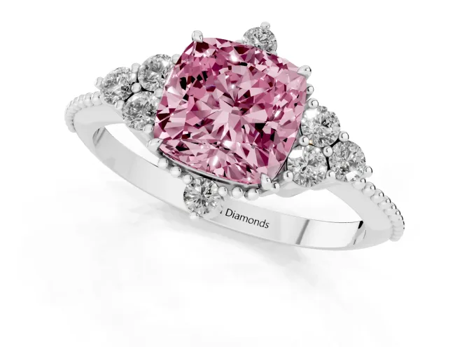 Fancy Pink Cushion Cut Diamond Cluster Ring Set in Platinum with Beaded Band – second view