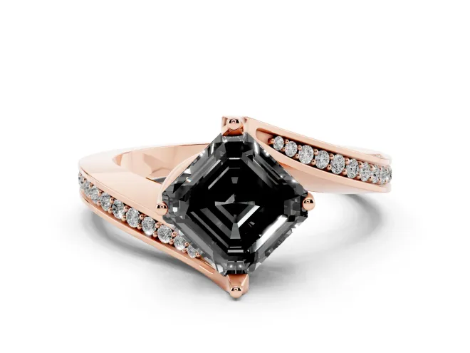 Fancy Black Asscher Cut Diamond Solitaire Ring Set in Rose gold with Intertwined Pavé Twist Band