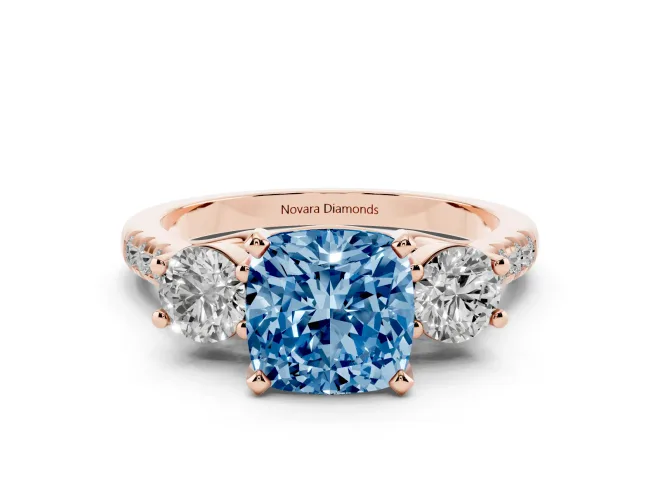 Cushion Cut Three-Stone Engagement Ring Setting for a Fancy Blue Lab-Grown Diamond | Rose Gold