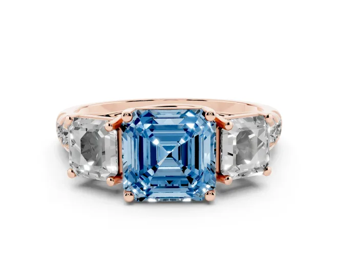 Asscher Cut Three Stone Engagement Ring Setting for a Fancy Blue Lab-Grown Diamond | Accented Shoulders | Rose Gold