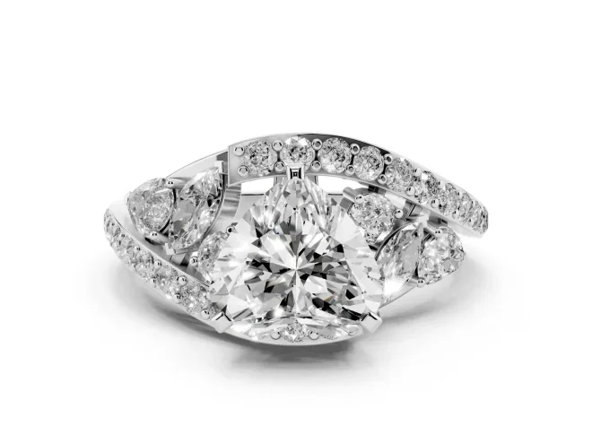 Heart Cut Diamond Halo Ring Set in Platinum with Marquise and Pavé Band in Prong Setting