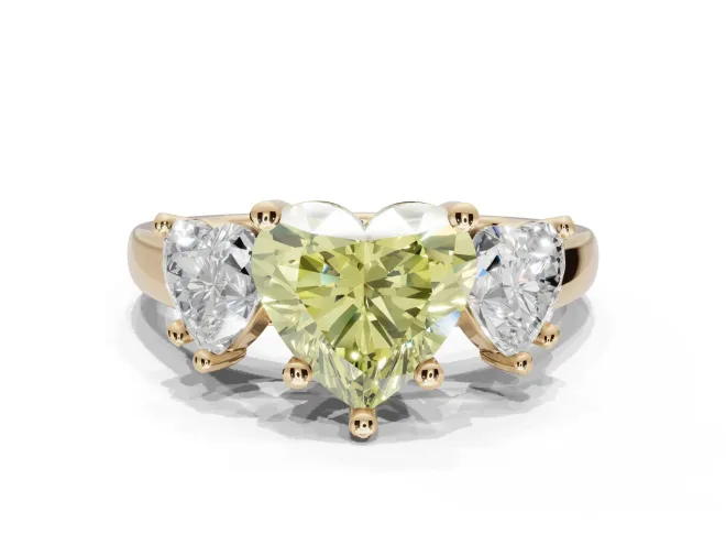 Heart-Shaped Three Stone Engagement Ring Setting for a Fancy Yellow Lab-Grown Diamond | Tapered Band | Yellow Gold