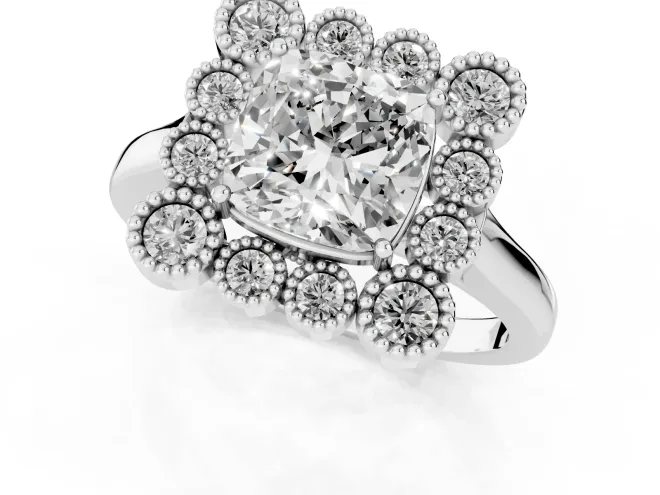 Cushion Cut Diamond Cluster Halo Ring Set in Platinum with Milgrain Bezel Accents and Plain Band – second view