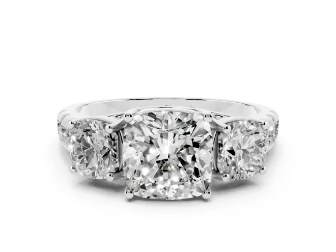 Cushion Cut Diamond Three-Stone Ring Set in White gold with Pavé Band