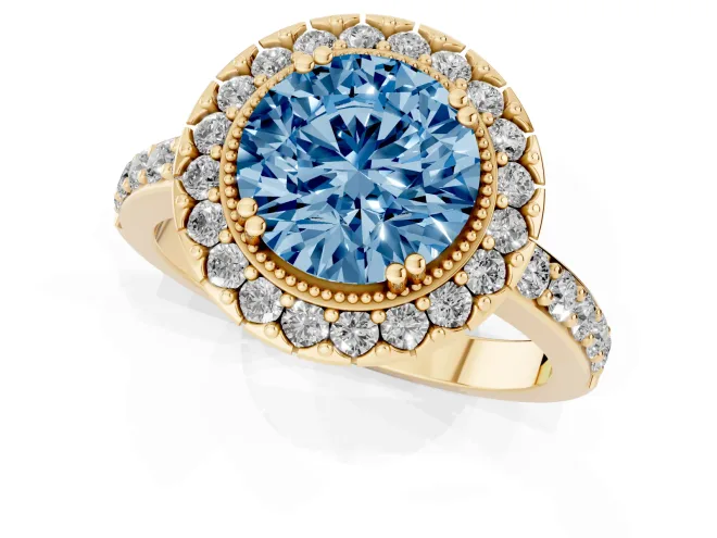 Fancy Blue Round Cut Diamond Halo Ring Set in Yellow gold with Pavé Shank and Prong Setting – second view