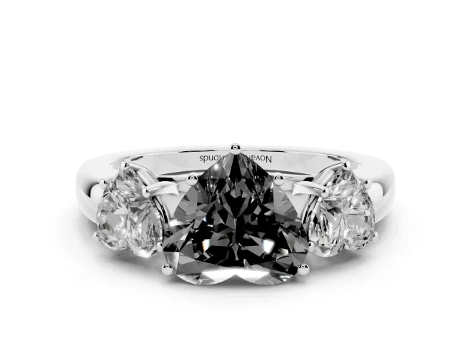 Heart-Shaped Three Stone Engagement Ring Setting for a Black Center | Matching Side Stones | White Gold