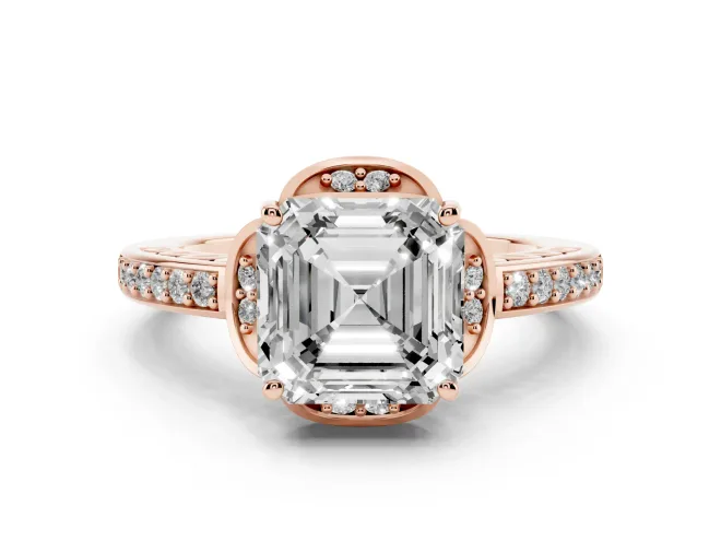 Asscher Cut Diamond Halo Ring Set in Rose gold with Channel Set Band and Prong Setting