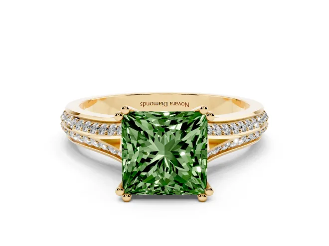 Princess Cut Split Shank Engagement Ring Setting for a Fancy Green Lab-Grown Diamond | Pavé Band | Yellow Gold