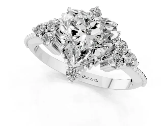Heart Cut Diamond Cluster Ring Set in White gold with Beaded Band – second view