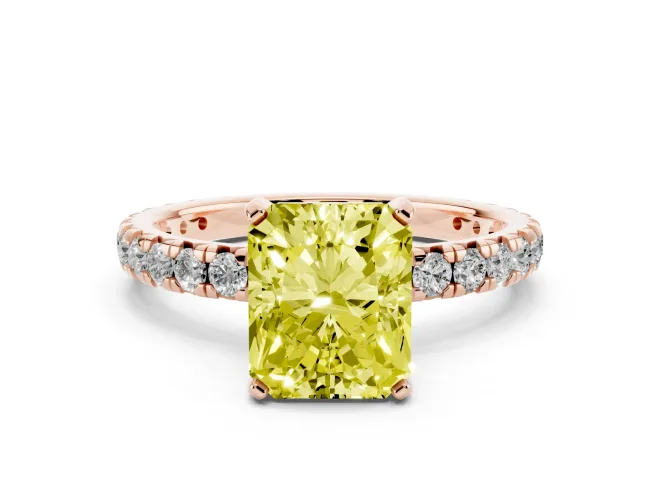 Fancy Yellow Radiant Cut Diamond Pavé Solitaire Ring Set in Rose gold with Round Band and Prong Setting