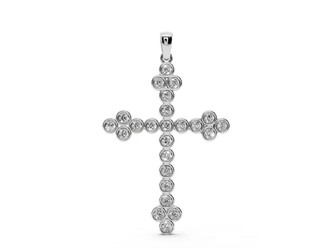 Round Lab-Grown Diamond Bezel Cross Pendant Necklace | Trefoil Ends | White Gold