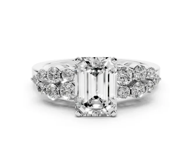Emerald Cut Side Stone Engagement Ring Setting | Two-Row Shoulder Clusters | White Gold