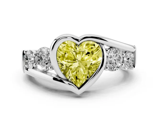 Fancy Yellow Heart Cut Diamond Bezel Bypass Ring Set in Silver with Round Accents