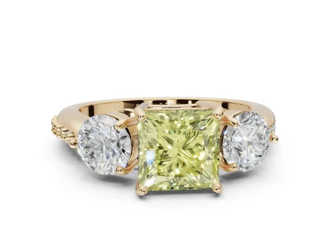 Princess Cut Three Stone Engagement Ring Setting for a Fancy Yellow Lab-Grown Diamond | Tapered Pavé Band | Yellow Gold