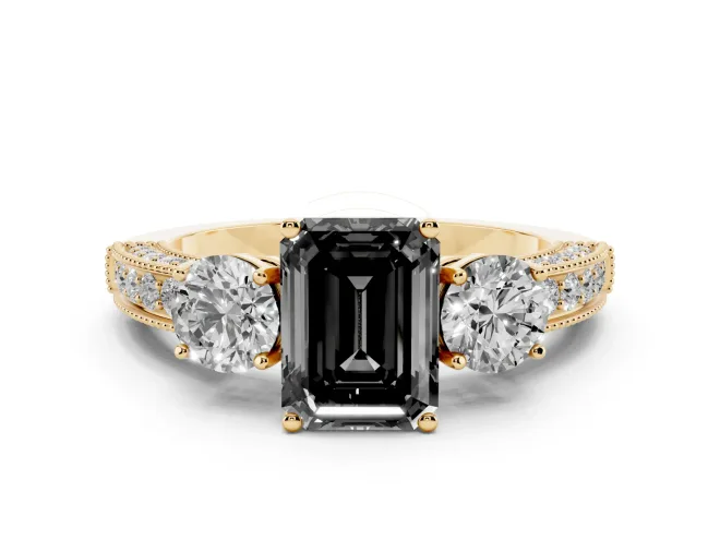 Emerald Cut Vintage Three Stone Engagement Ring Setting for a Black Center | Graduated Milgrain Pavé | Yellow Gold